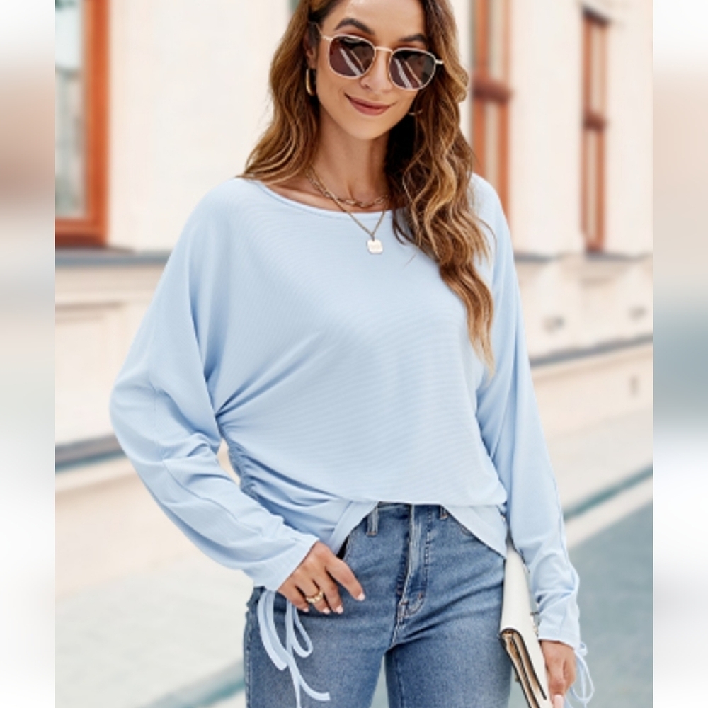 Nwt Molliya Loose Scoop Neck Ribbed Drawstring Ajustable Sleeves Blue Top